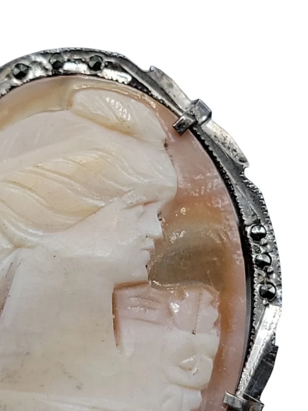 Antique 800 Silver Shell Cameo Brooch Italian Marcasite Studded Thin Delicate - Picture 10 of 12